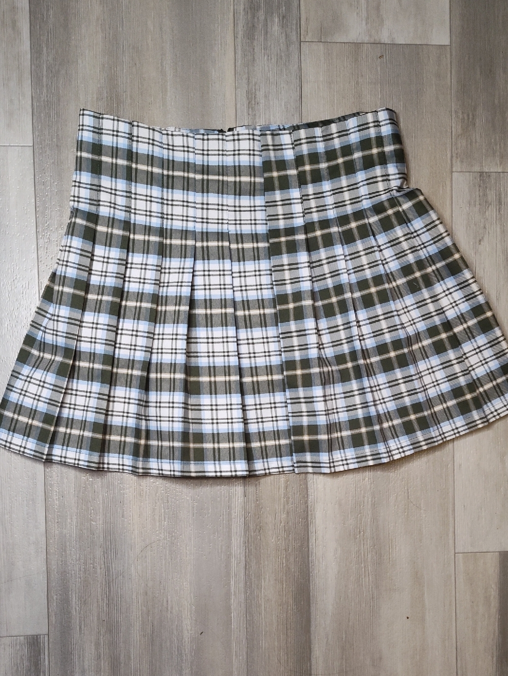 No Boundaries Olive and White Plaid Pleated Mini Skirt